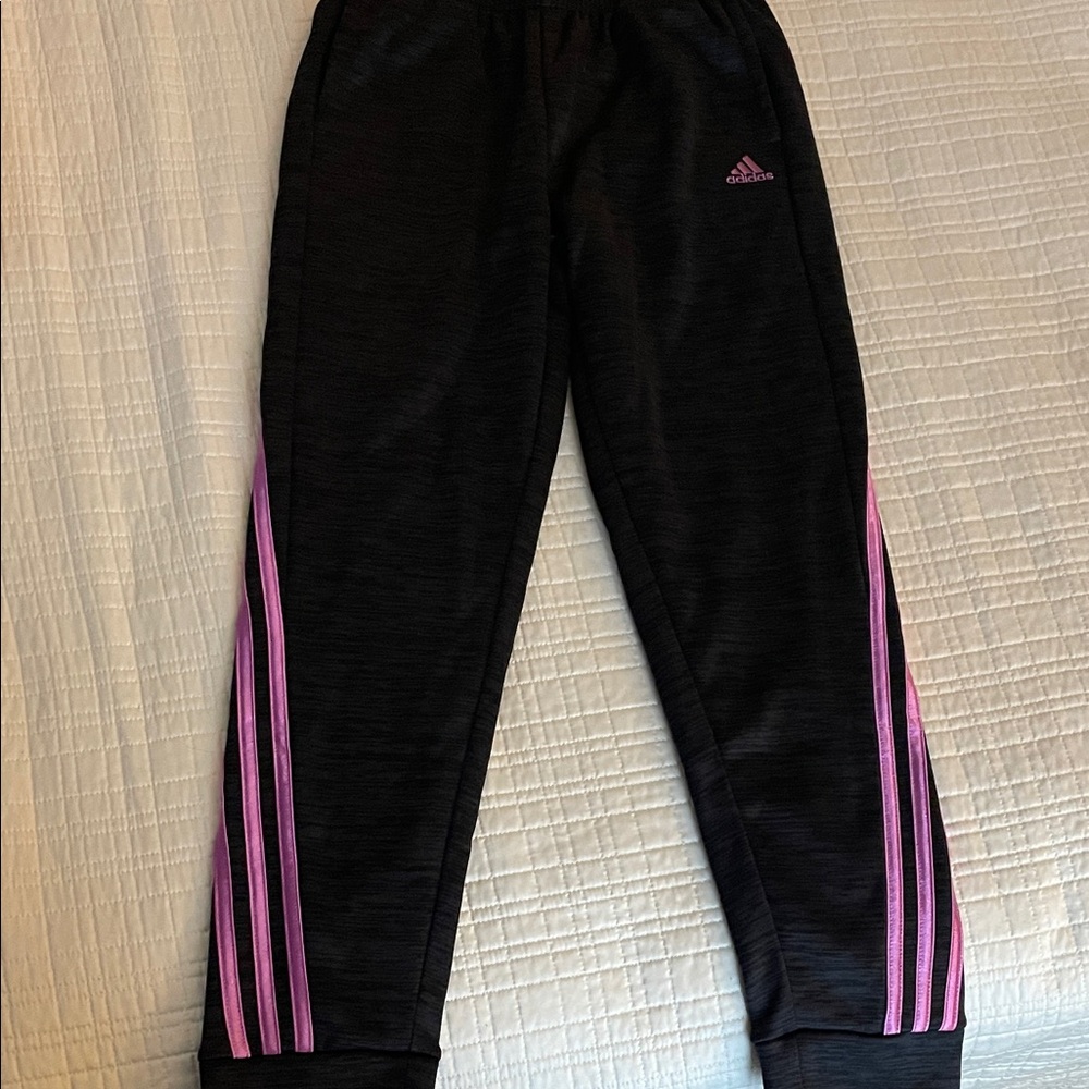 Adidas Kids Black Joggers with Pink Stripes